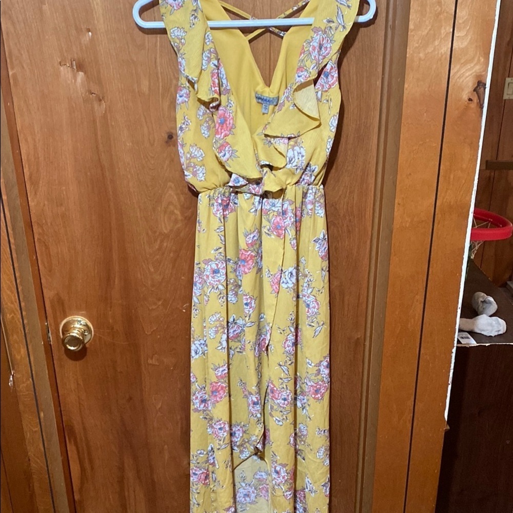 Bailey Blue Goldenrod Floral Maxi Dress Crisscross Back -8 Summer Whimsical